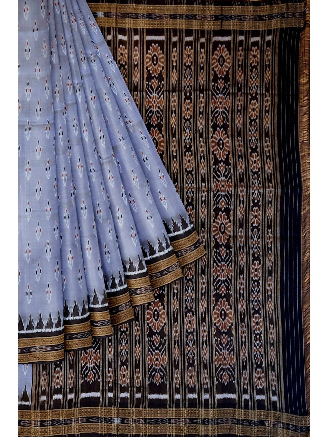 Grey Black Odisha Khandua Pata Silk Saree with cotton ikat blouse piece