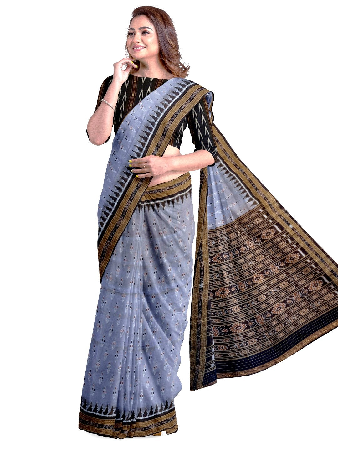 Grey Black Odisha Khandua Pata Silk Saree with cotton ikat blouse piece