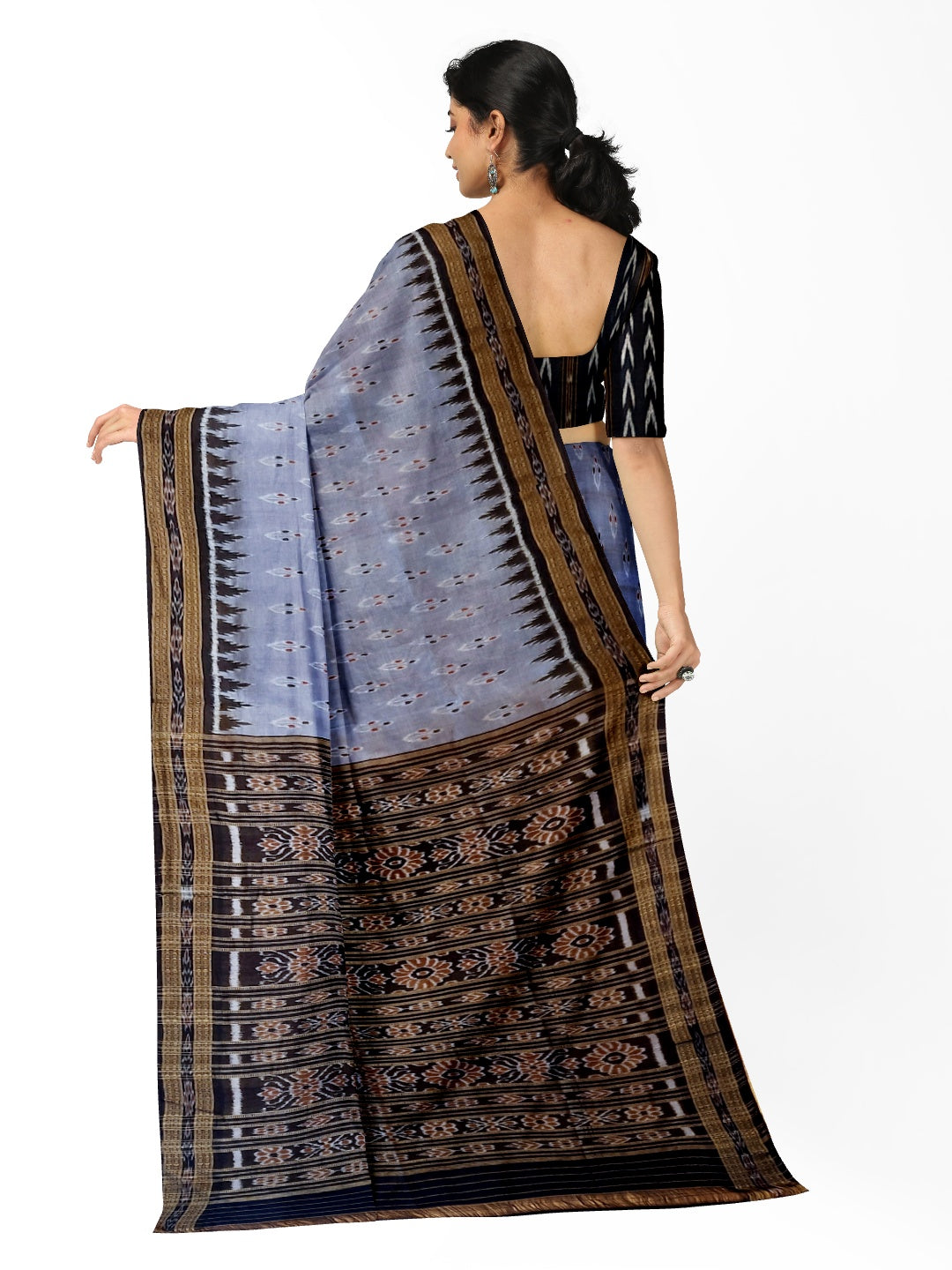 Grey Black Odisha Khandua Pata Silk Saree with cotton ikat blouse piece