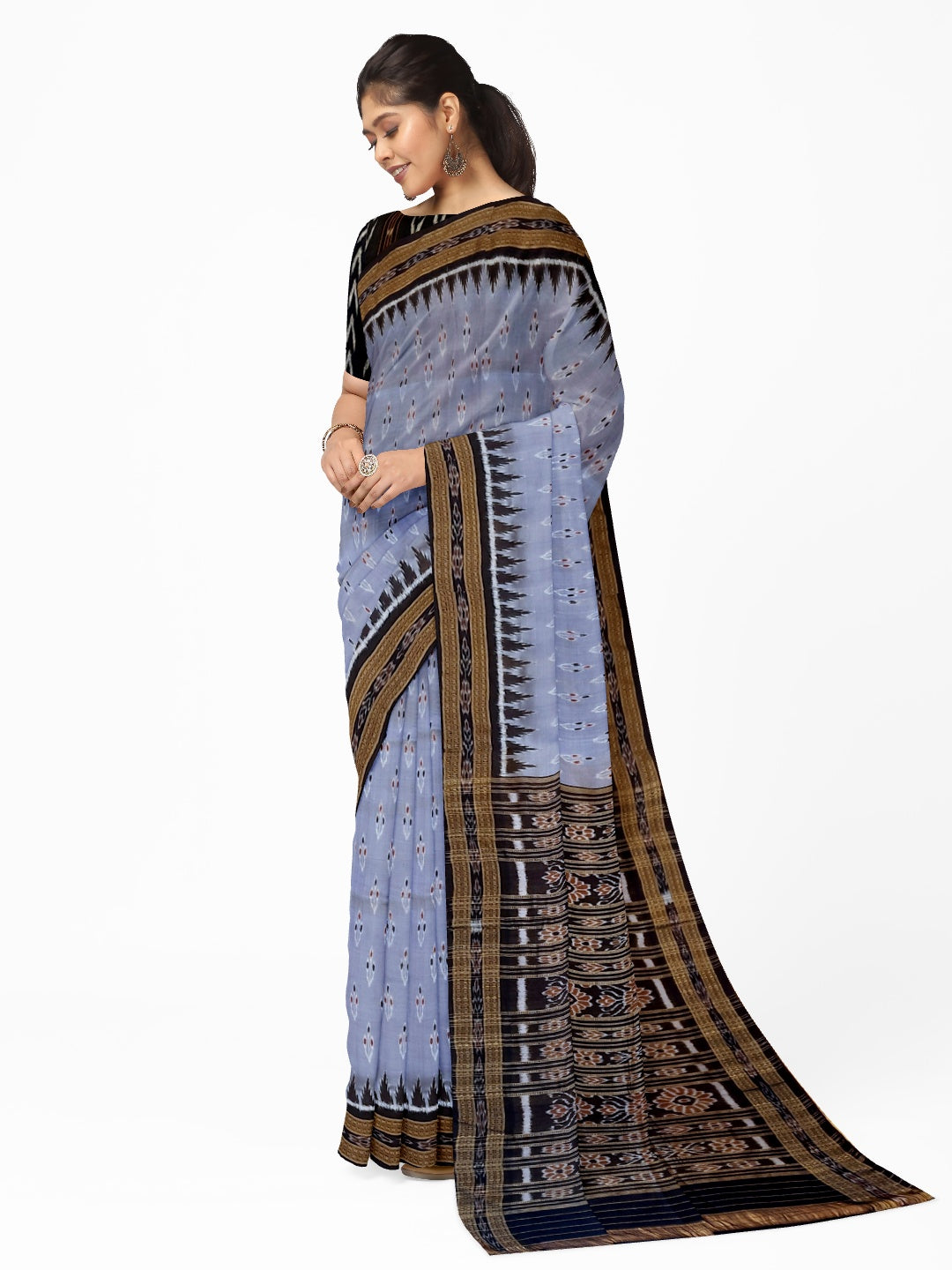 Grey Black Odisha Khandua Pata Silk Saree with cotton ikat blouse piece