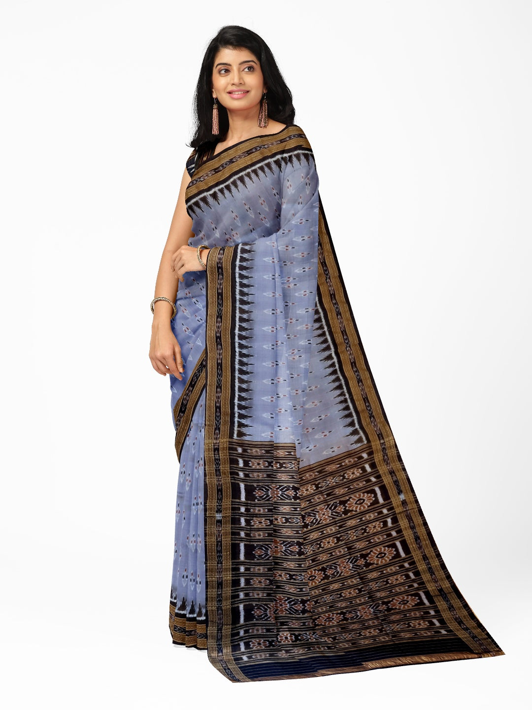 Grey Black Odisha Khandua Pata Silk Saree with cotton ikat blouse piece