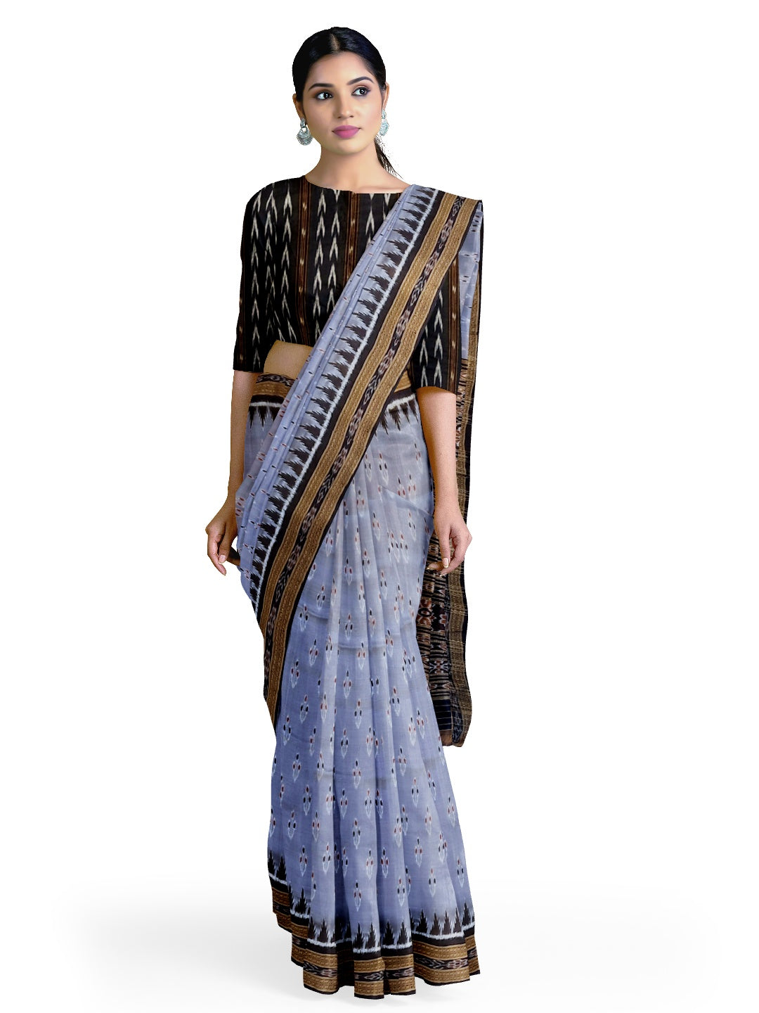 Grey Black Odisha Khandua Pata Silk Saree with cotton ikat blouse piece