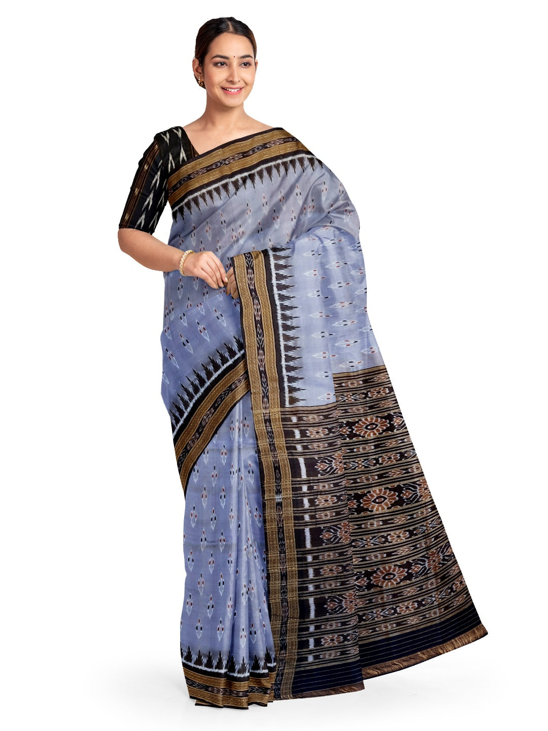 Grey Black Odisha Khandua Pata Silk Saree with cotton ikat blouse piece
