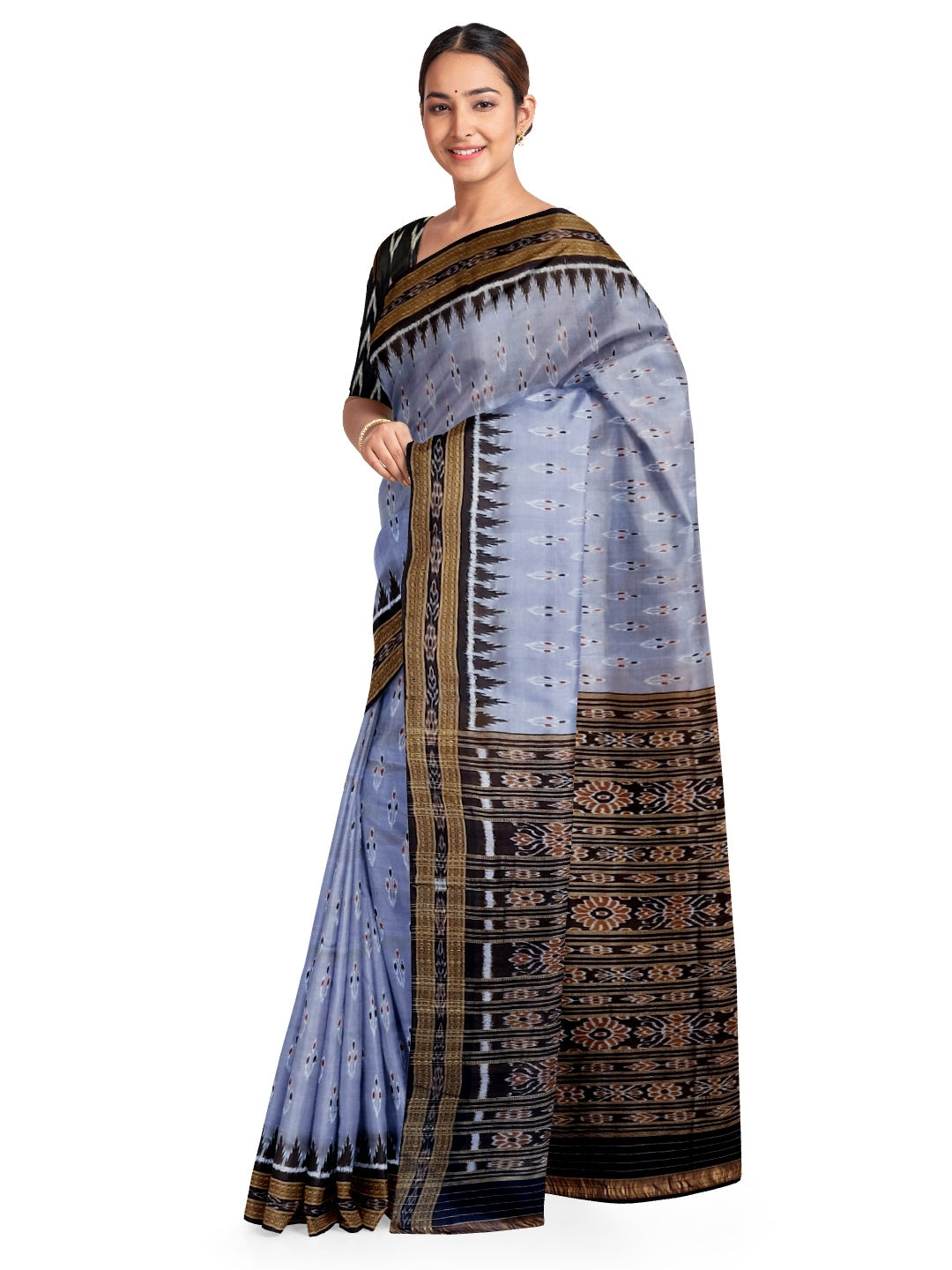 Grey Black Odisha Khandua Pata Silk Saree with cotton ikat blouse piece