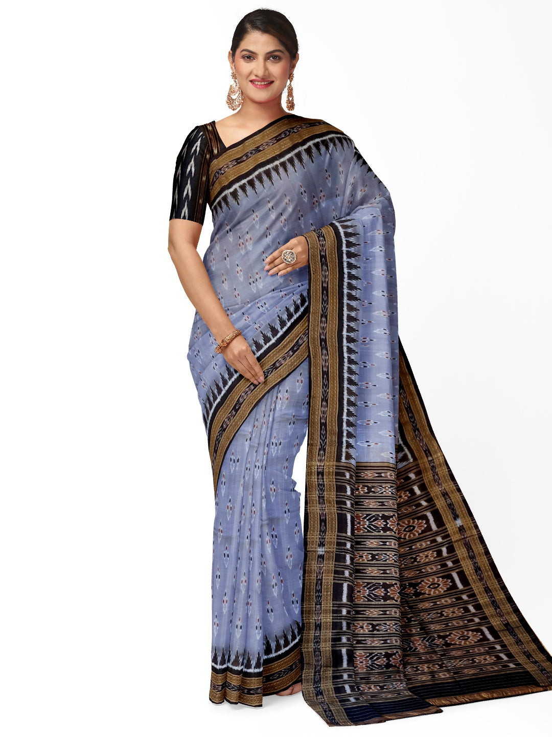 Grey Black Odisha Khandua Pata Silk Saree with cotton ikat blouse piece