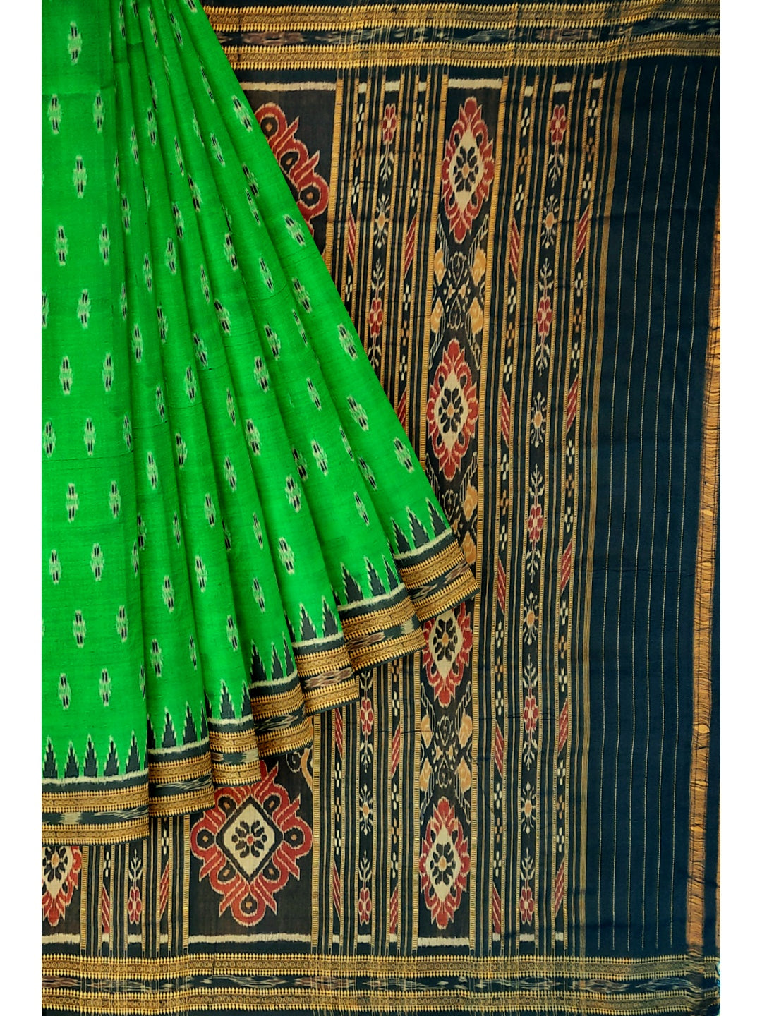 Green Black Odisha Khandua Pata Silk Saree with cotton ikat blouse piece