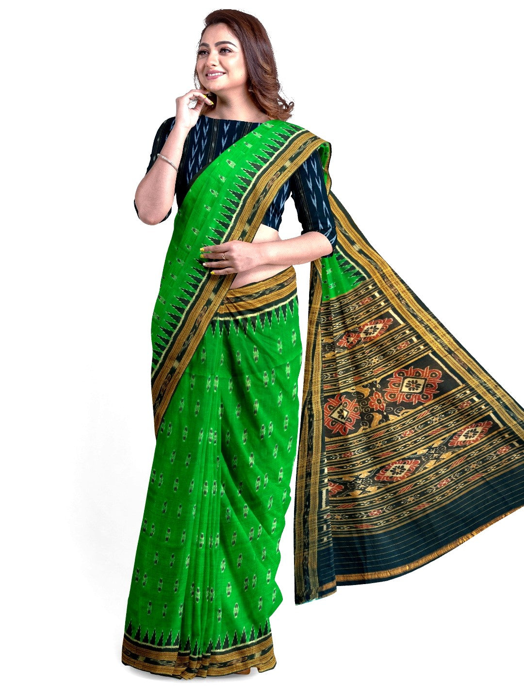 Green Black Odisha Khandua Pata Silk Saree with cotton ikat blouse piece