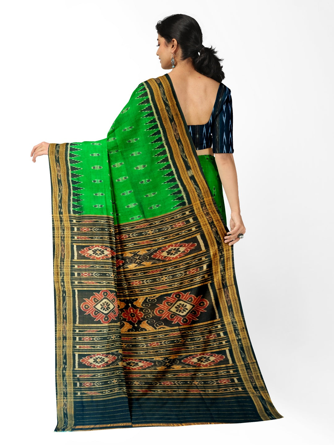 Green Black Odisha Khandua Pata Silk Saree with cotton ikat blouse piece