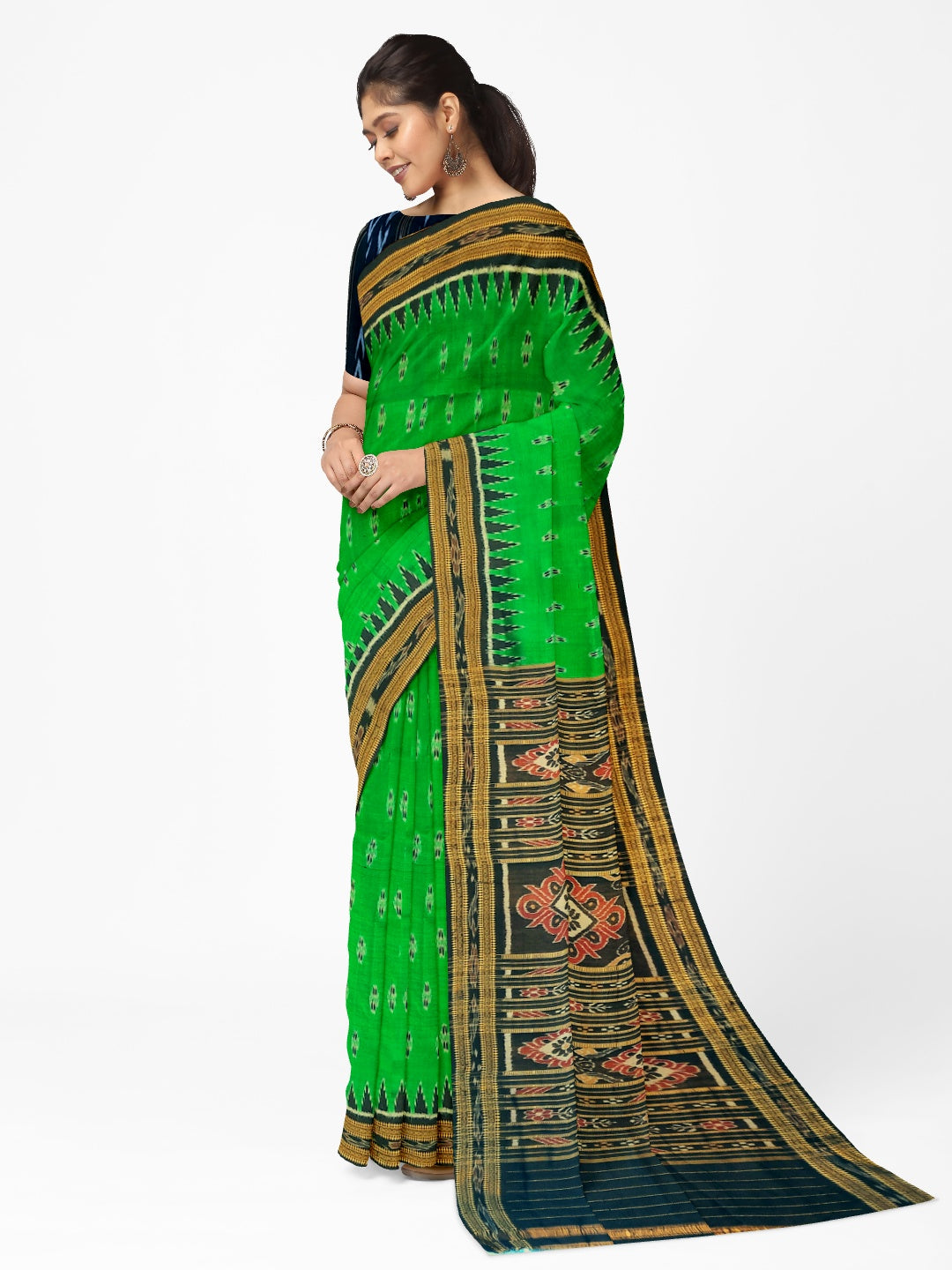 Green Black Odisha Khandua Pata Silk Saree with cotton ikat blouse piece