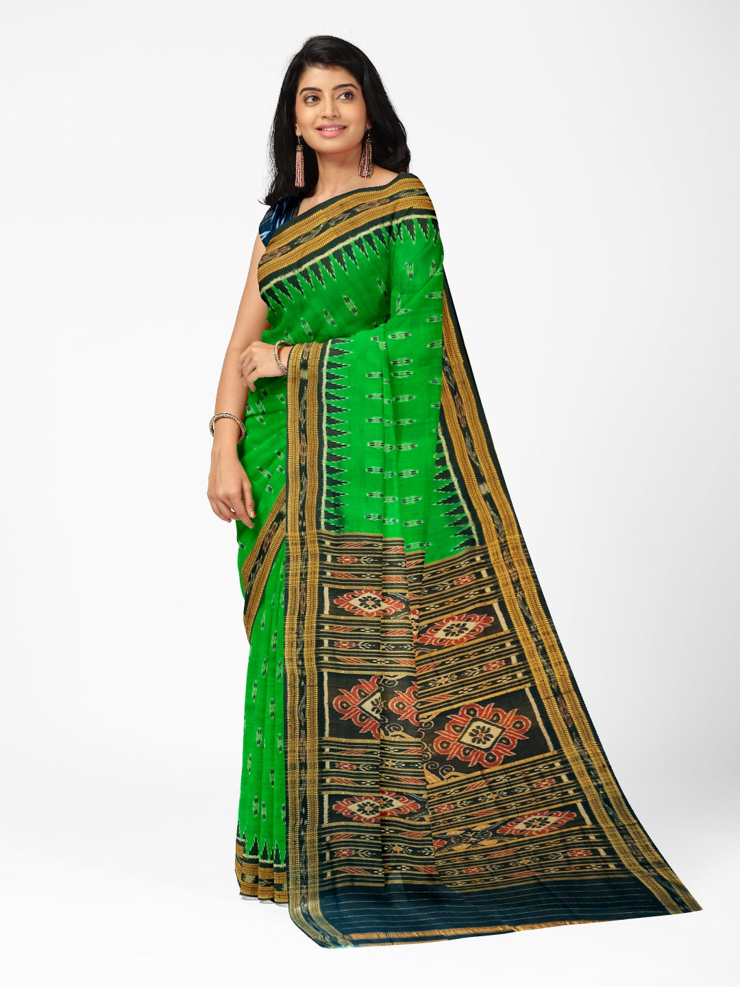 Green Black Odisha Khandua Pata Silk Saree with cotton ikat blouse piece