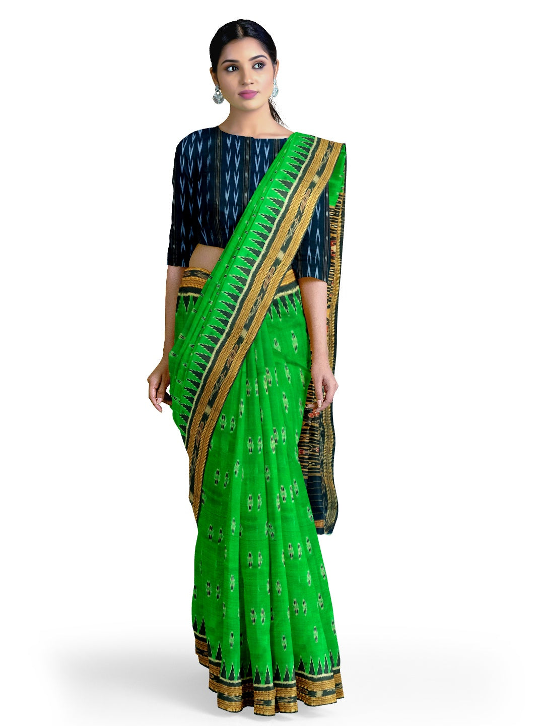 Green Black Odisha Khandua Pata Silk Saree with cotton ikat blouse piece