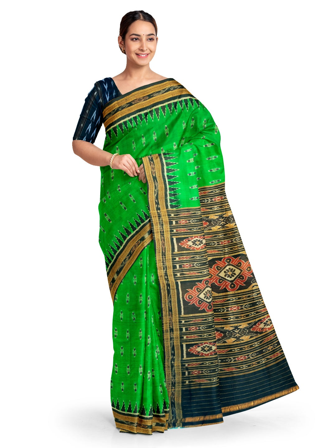 Green Black Odisha Khandua Pata Silk Saree with cotton ikat blouse piece