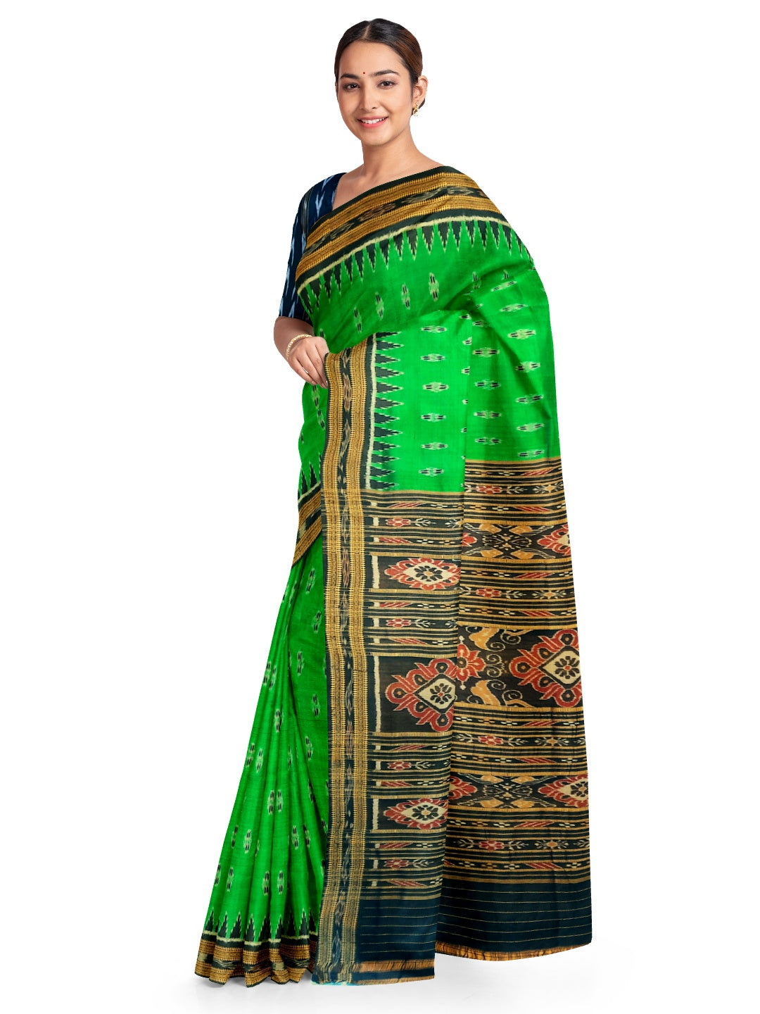 Green Black Odisha Khandua Pata Silk Saree with cotton ikat blouse piece