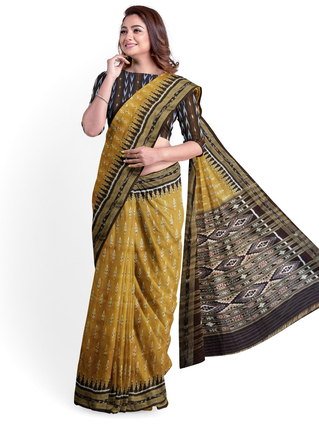 Mustard Black Odisha Khandua Pata Silk Saree with cotton ikat blouse piece