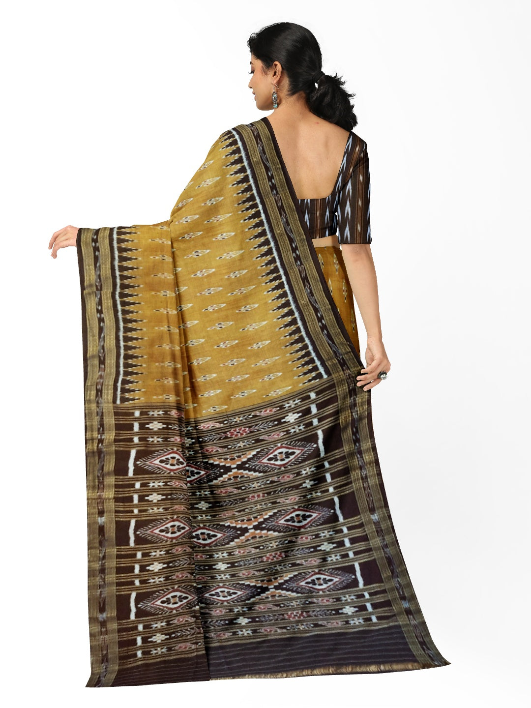 Mustard Black Odisha Khandua Pata Silk Saree with cotton ikat blouse piece
