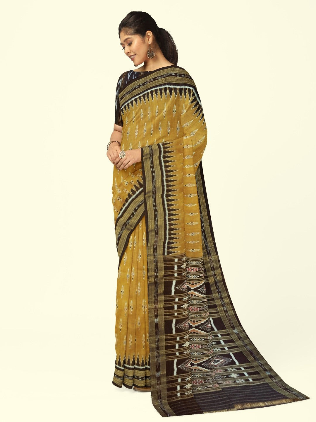 Mustard Black Odisha Khandua Pata Silk Saree with cotton ikat blouse piece