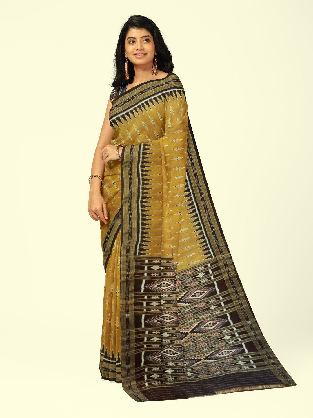 Mustard Black Odisha Khandua Pata Silk Saree with cotton ikat blouse piece