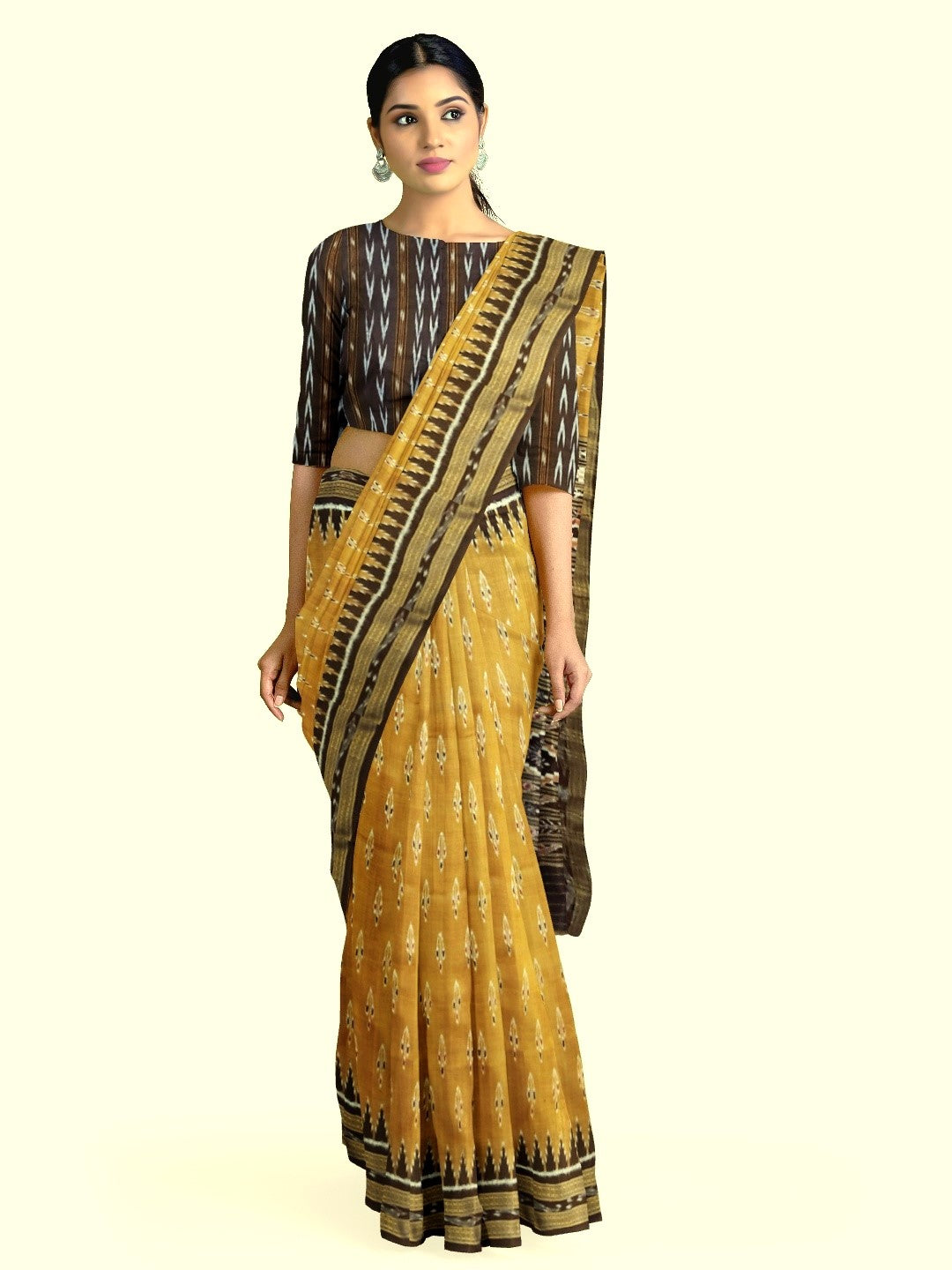 Mustard Black Odisha Khandua Pata Silk Saree with cotton ikat blouse piece