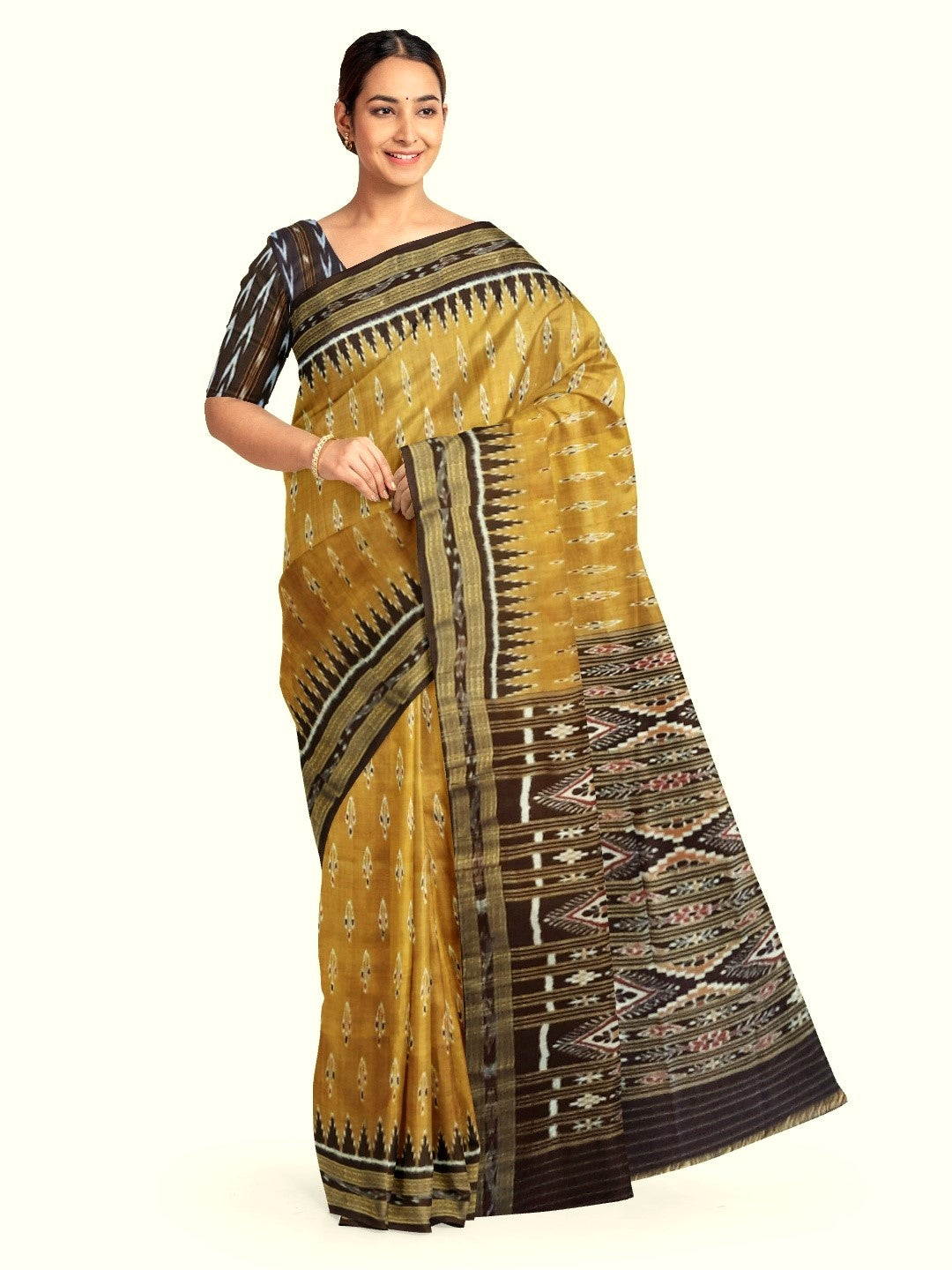 Mustard Black Odisha Khandua Pata Silk Saree with cotton ikat blouse piece