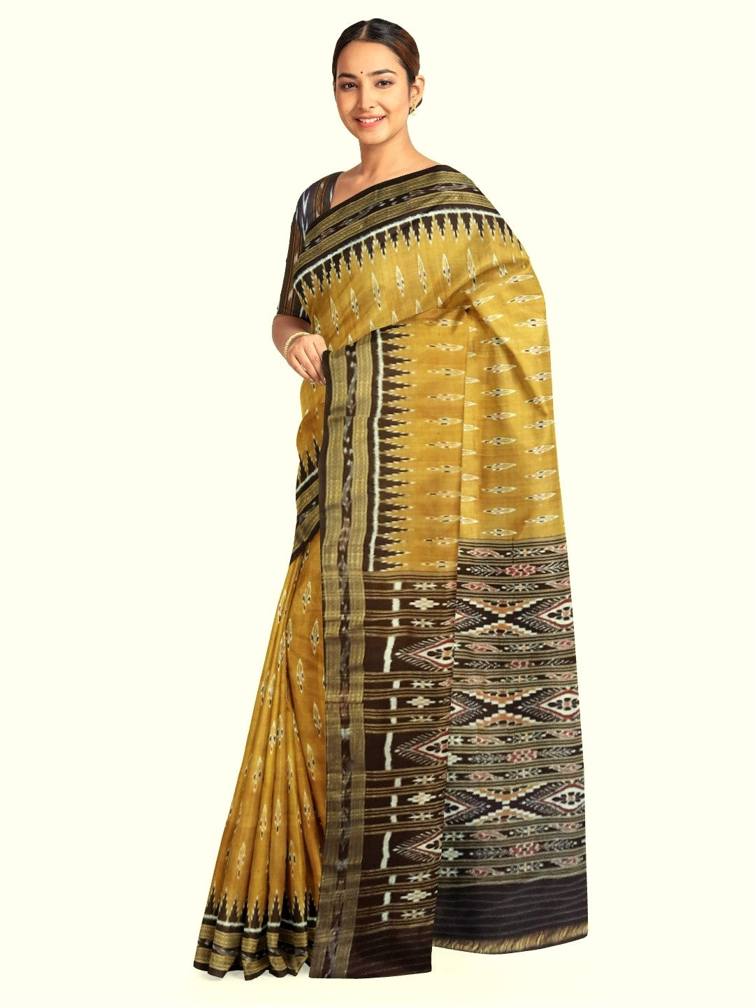 Mustard Black Odisha Khandua Pata Silk Saree with cotton ikat blouse piece