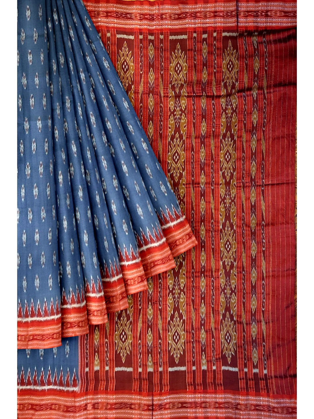 Grey Odisha Khandua Pata Silk Saree with cotton ikat blouse piece
