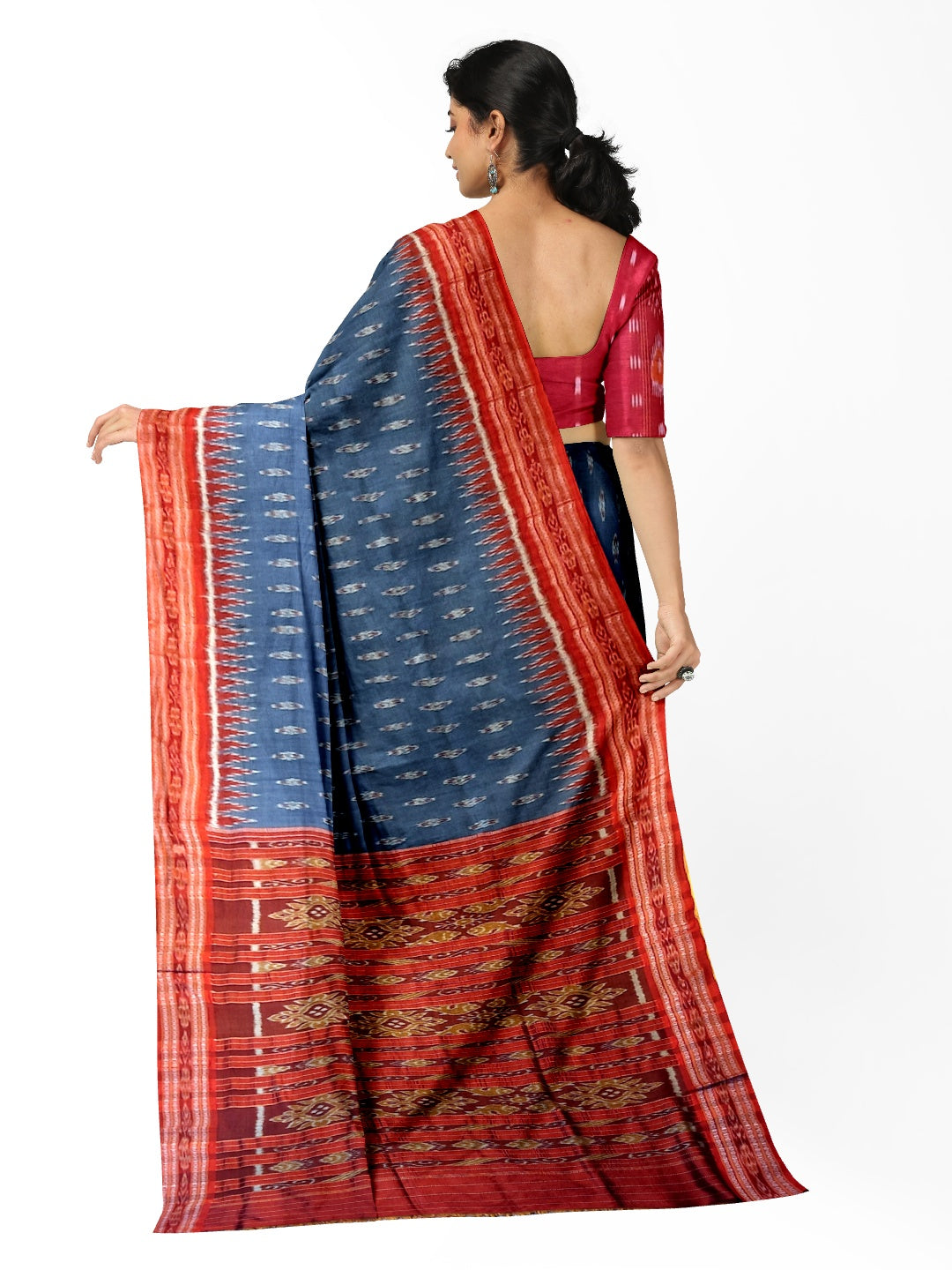 Grey Odisha Khandua Pata Silk Saree with cotton ikat blouse piece