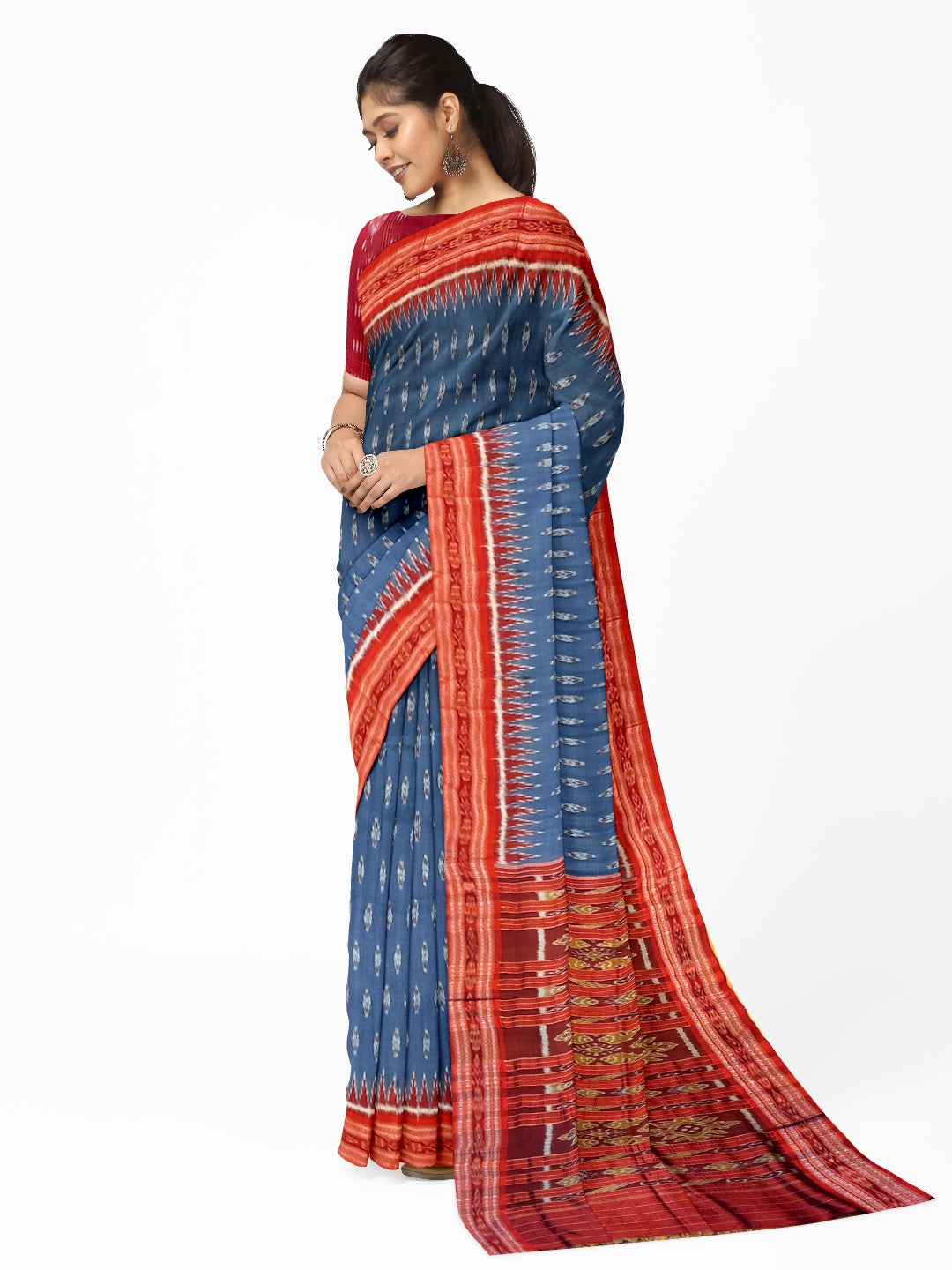 Grey Odisha Khandua Pata Silk Saree with cotton ikat blouse piece