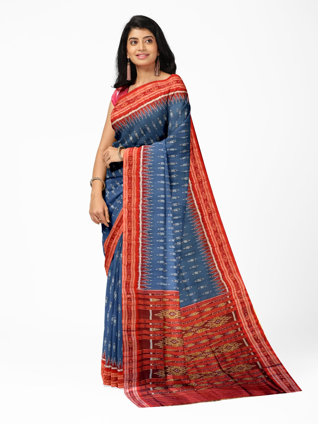 Grey Odisha Khandua Pata Silk Saree with cotton ikat blouse piece