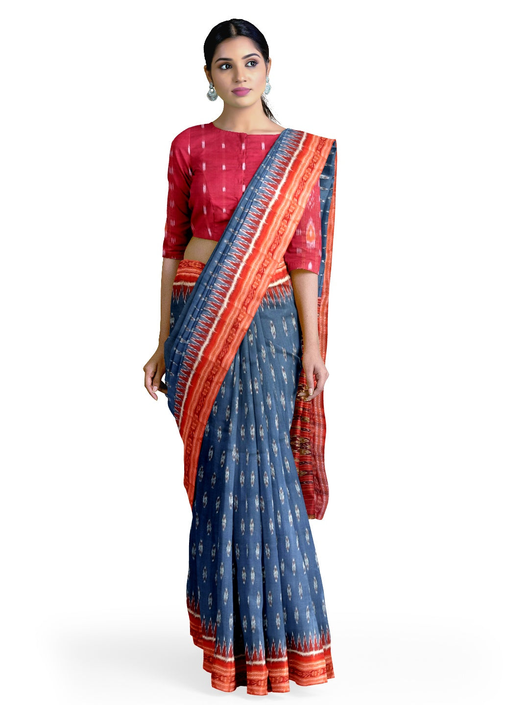 Grey Odisha Khandua Pata Silk Saree with cotton ikat blouse piece