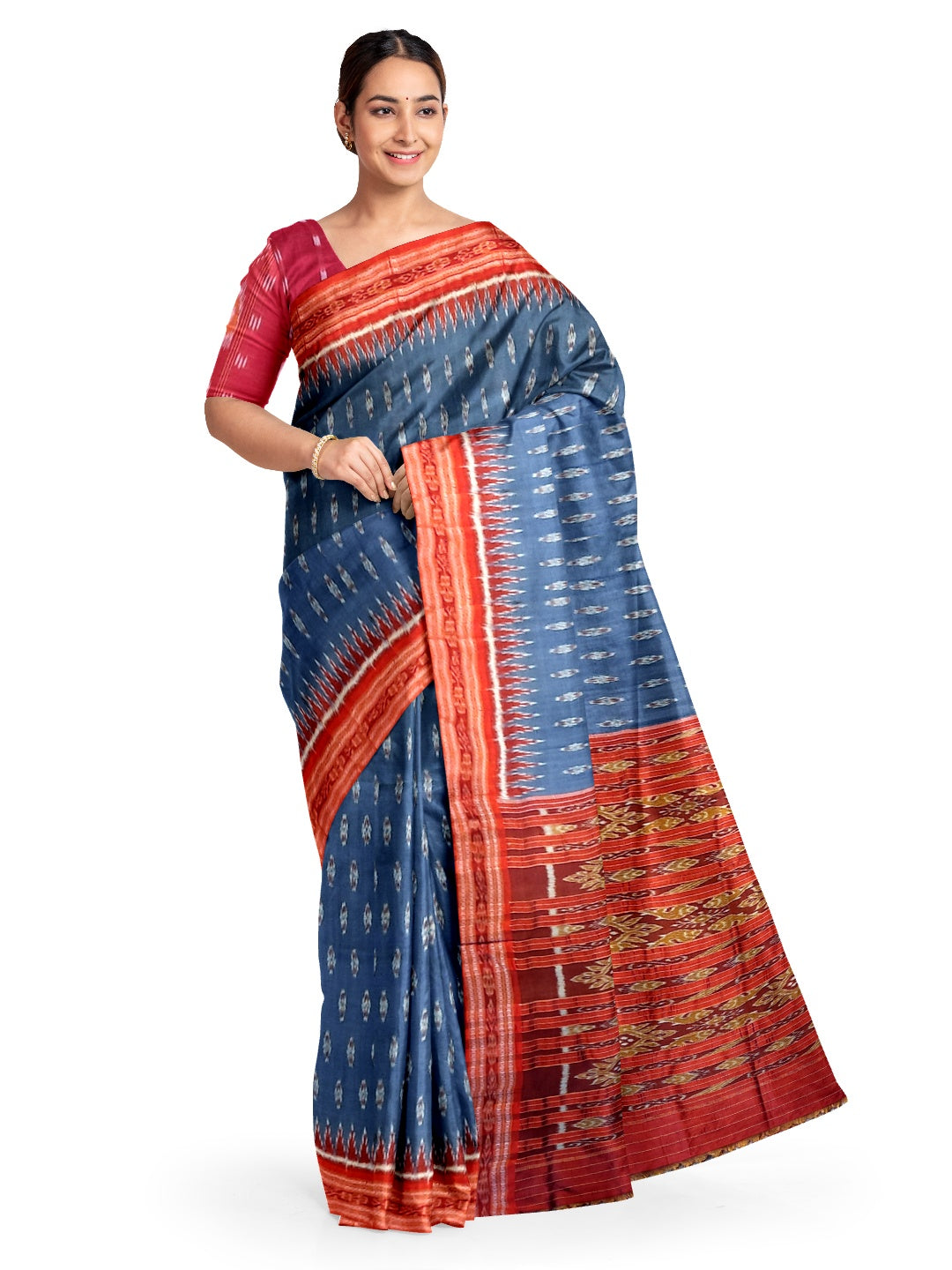 Grey Odisha Khandua Pata Silk Saree with cotton ikat blouse piece