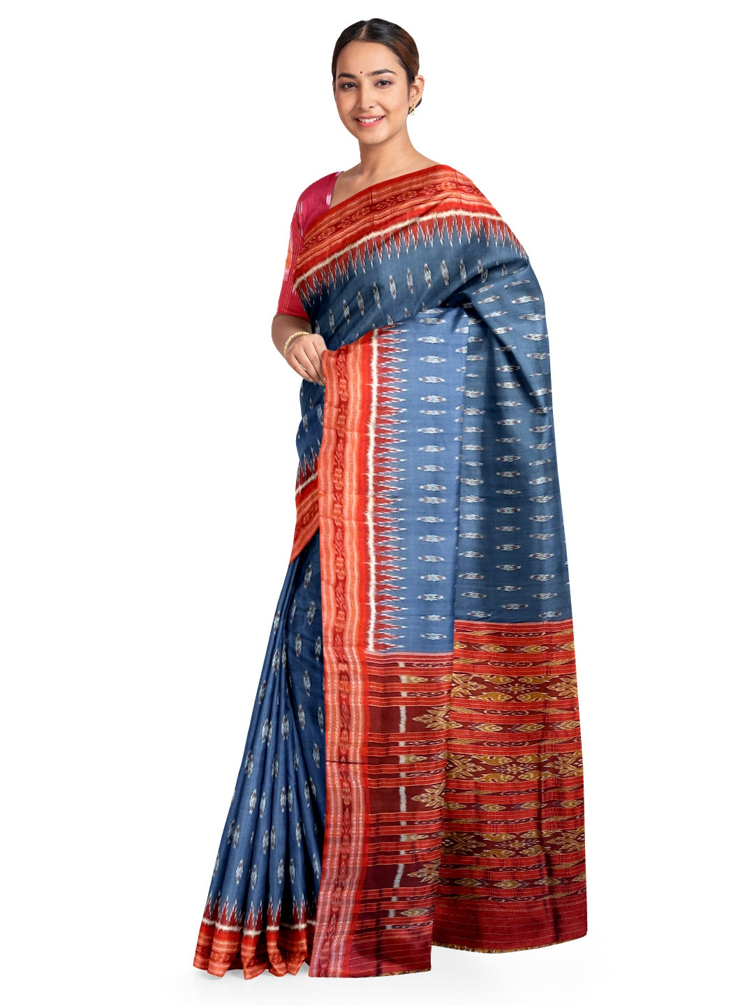 Grey Odisha Khandua Pata Silk Saree with cotton ikat blouse piece