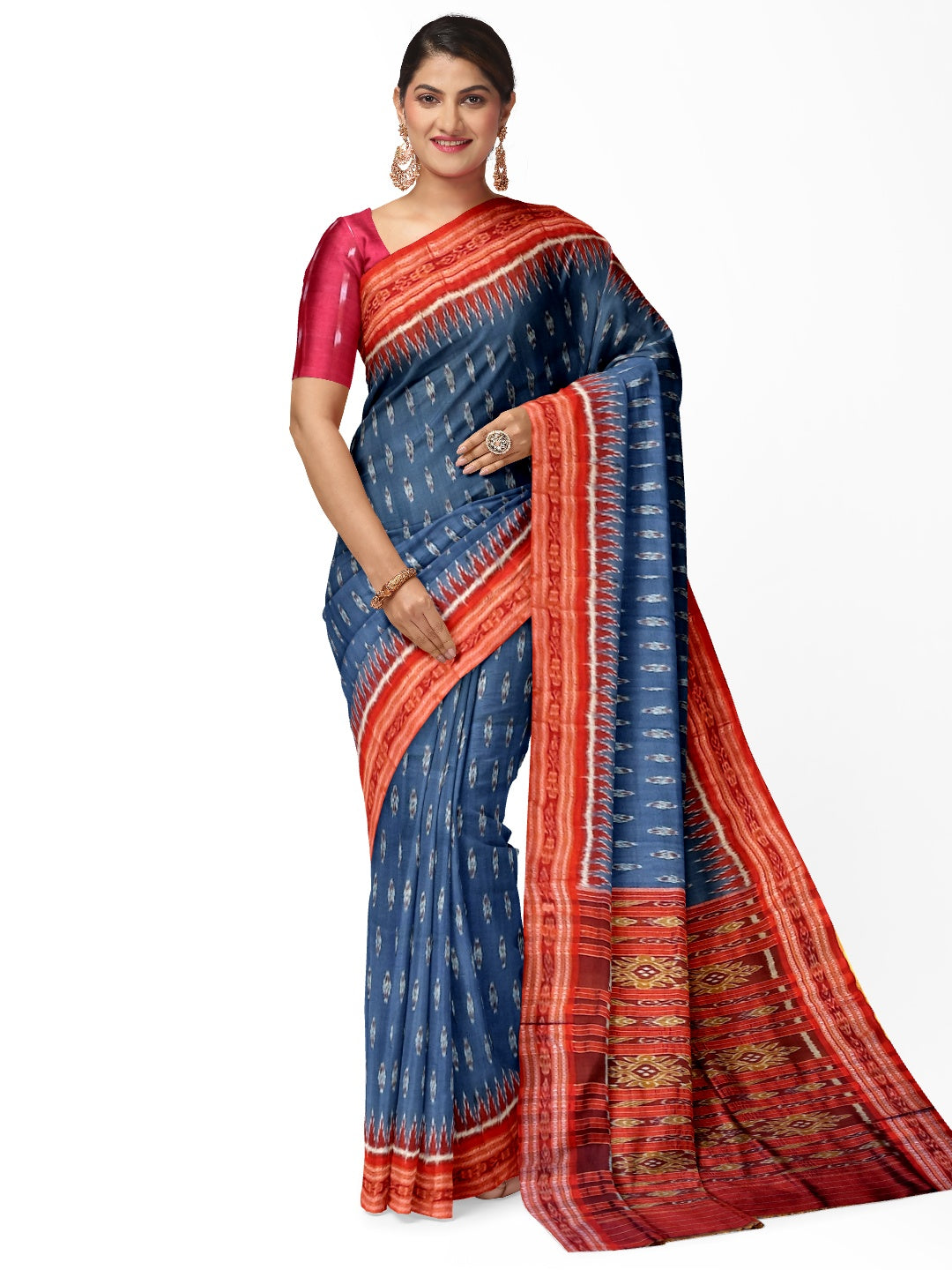 Grey Odisha Khandua Pata Silk Saree with cotton ikat blouse piece