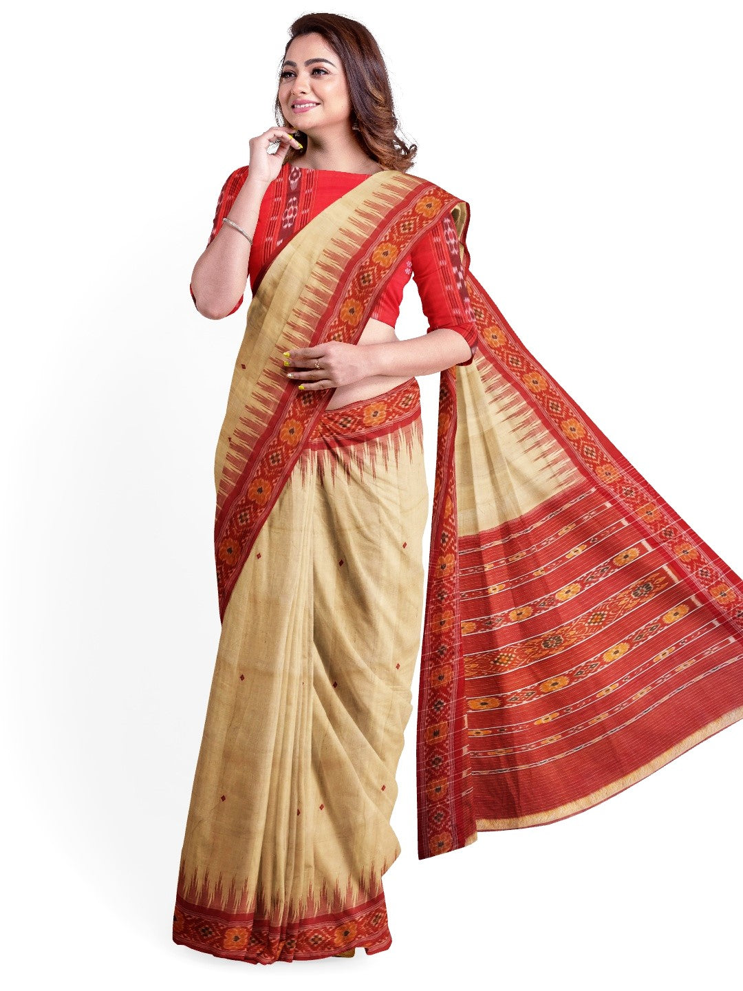 Beige with Red Tussar Silk Odisha Ikat Saree with cotton ikat blouse piece