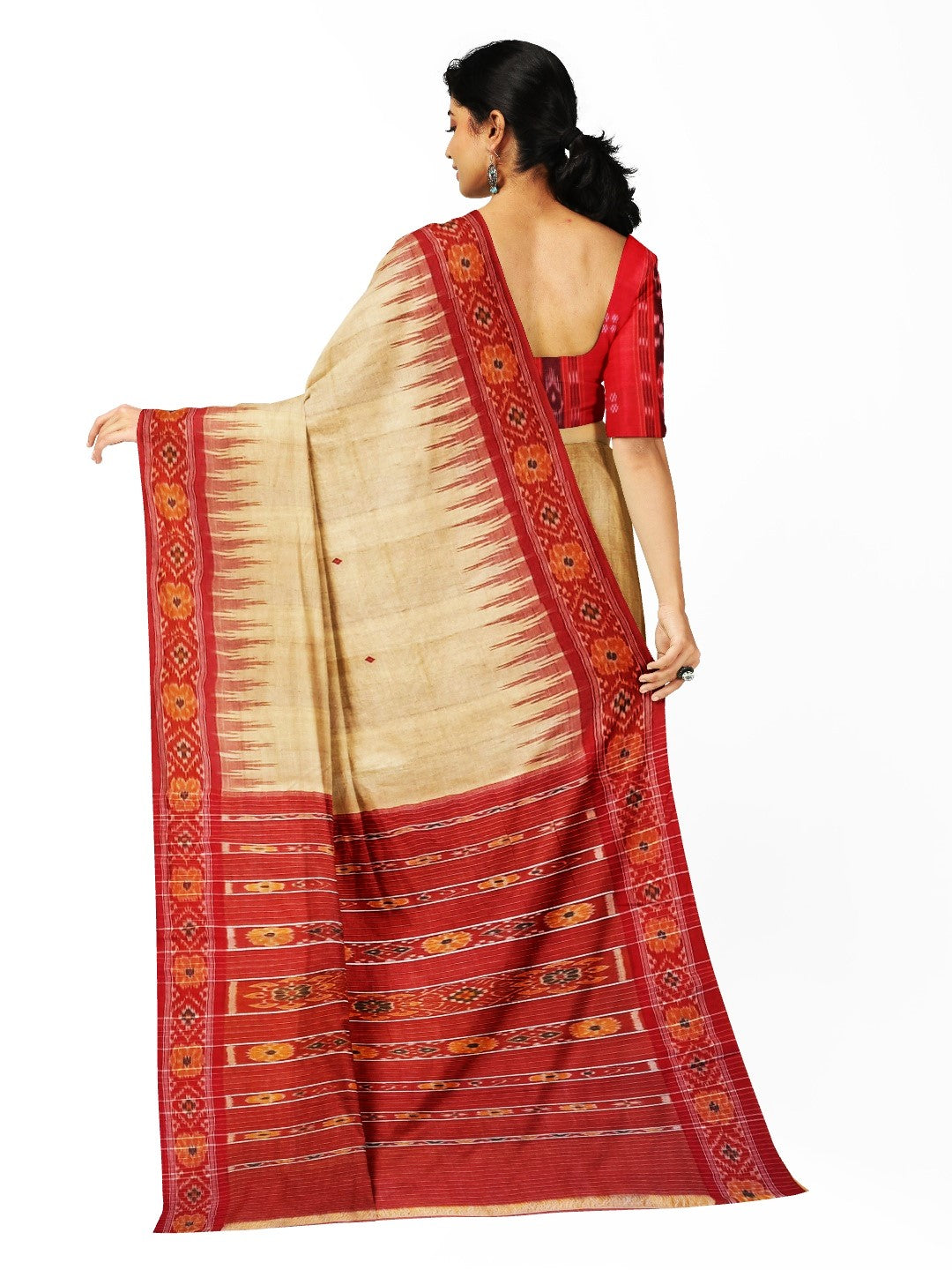 Beige with Red Tussar Silk Odisha Ikat Saree with cotton ikat blouse piece