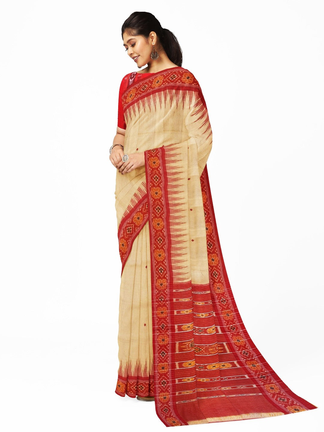 Beige with Red Tussar Silk Odisha Ikat Saree with cotton ikat blouse piece