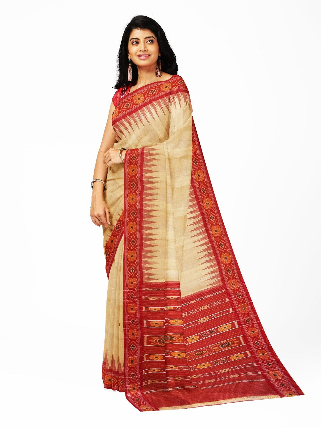 Beige with Red Tussar Silk Odisha Ikat Saree with cotton ikat blouse piece