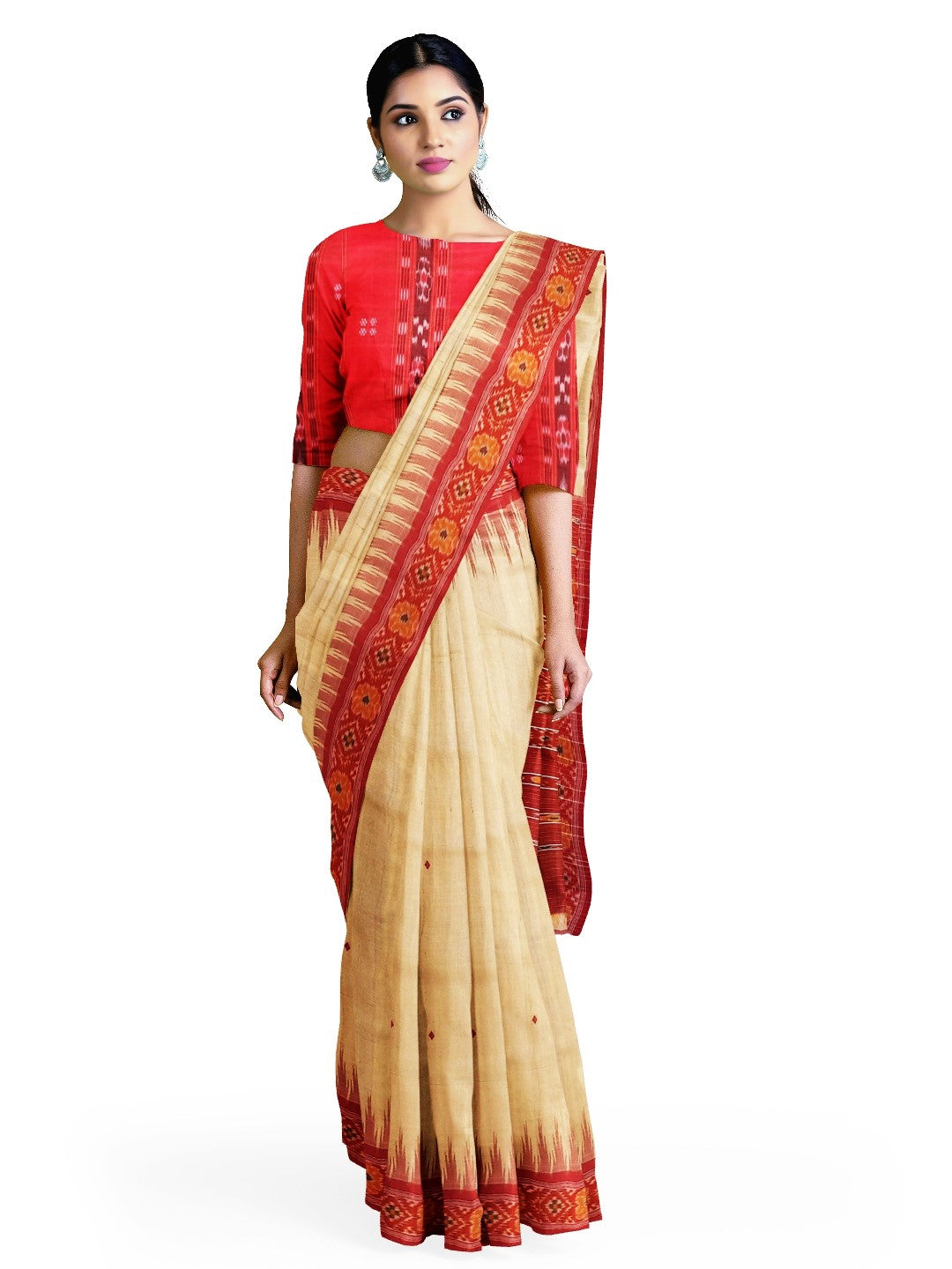Beige with Red Tussar Silk Odisha Ikat Saree with cotton ikat blouse piece