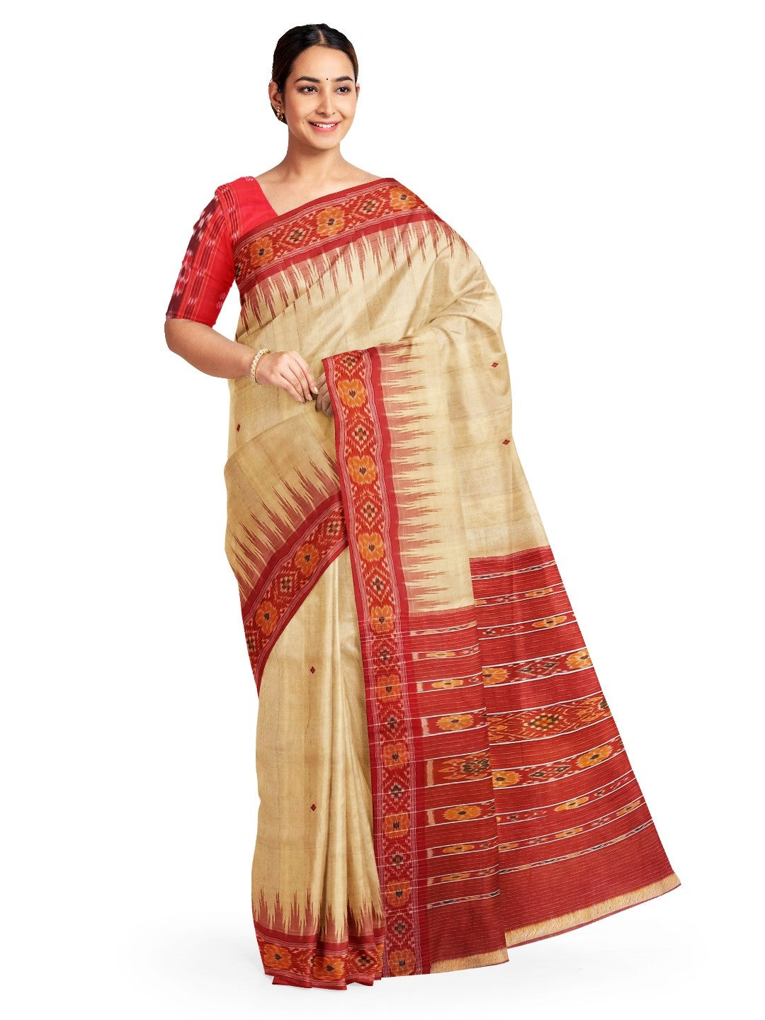 Beige with Red Tussar Silk Odisha Ikat Saree with cotton ikat blouse piece
