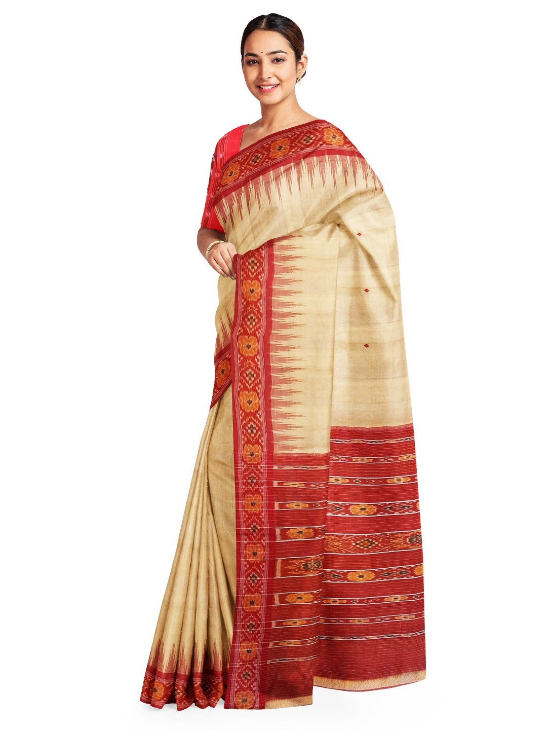 Beige with Red Tussar Silk Odisha Ikat Saree with cotton ikat blouse piece