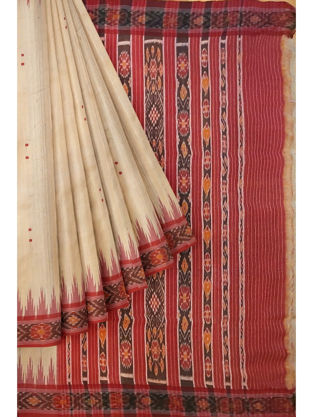 Beige with Maroon Tussar Silk Odisha Ikat Saree with cotton ikat blouse piece