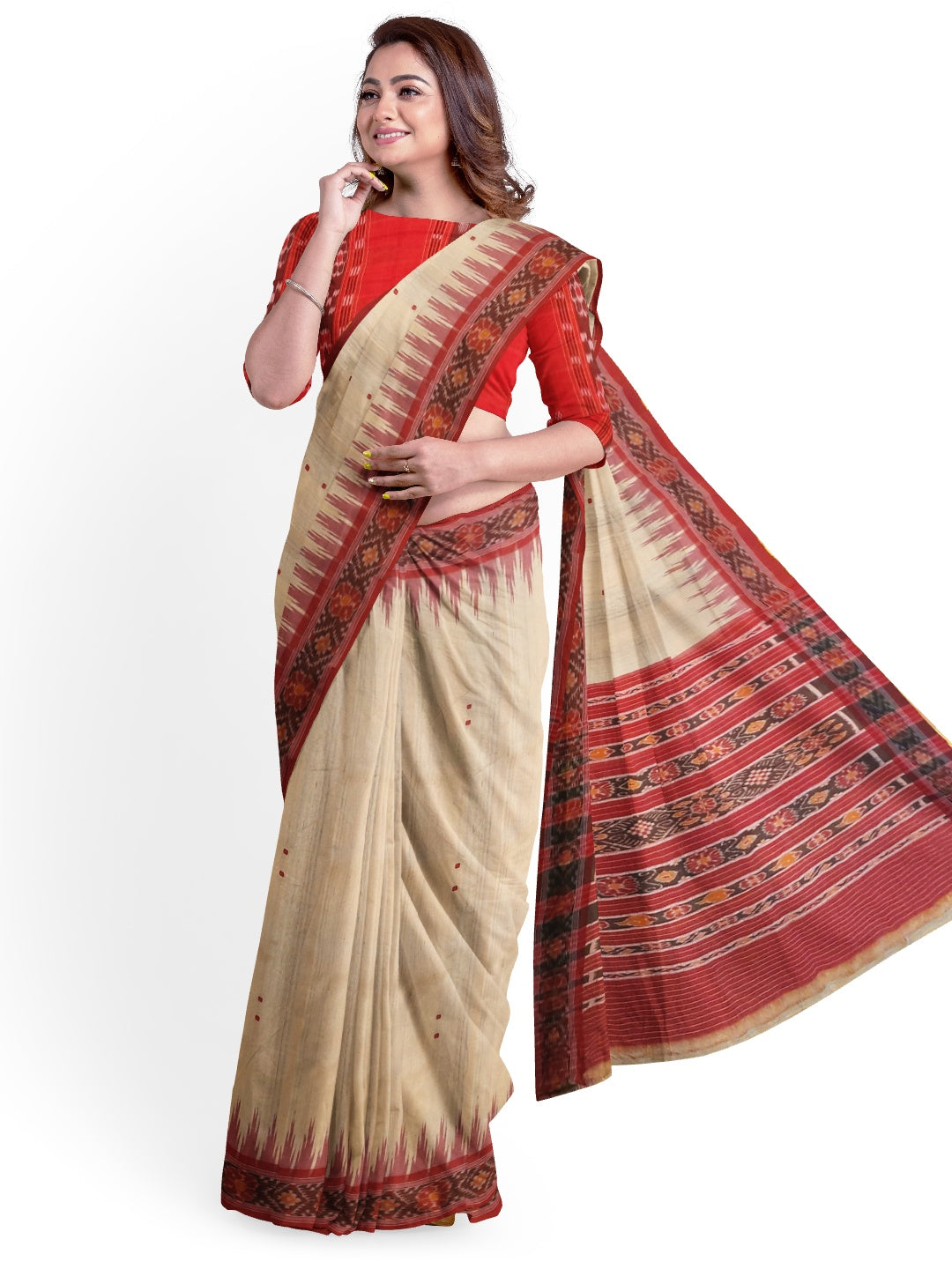 Beige with Maroon Tussar Silk Odisha Ikat Saree with cotton ikat blouse piece