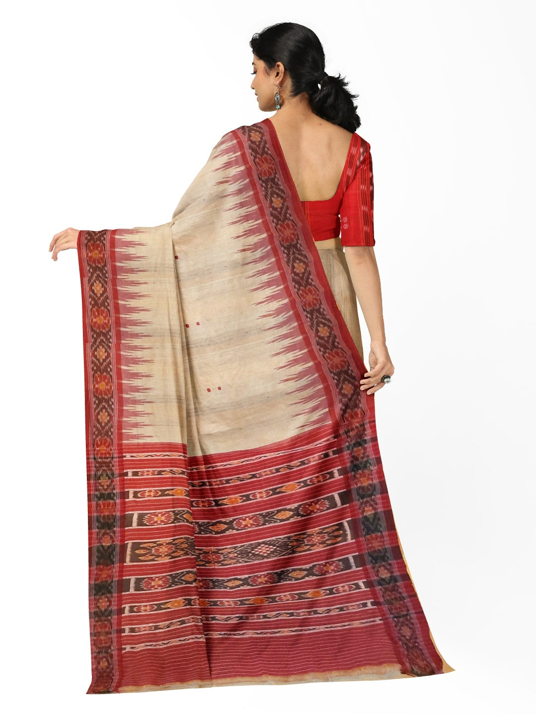 Beige with Maroon Tussar Silk Odisha Ikat Saree with cotton ikat blouse piece