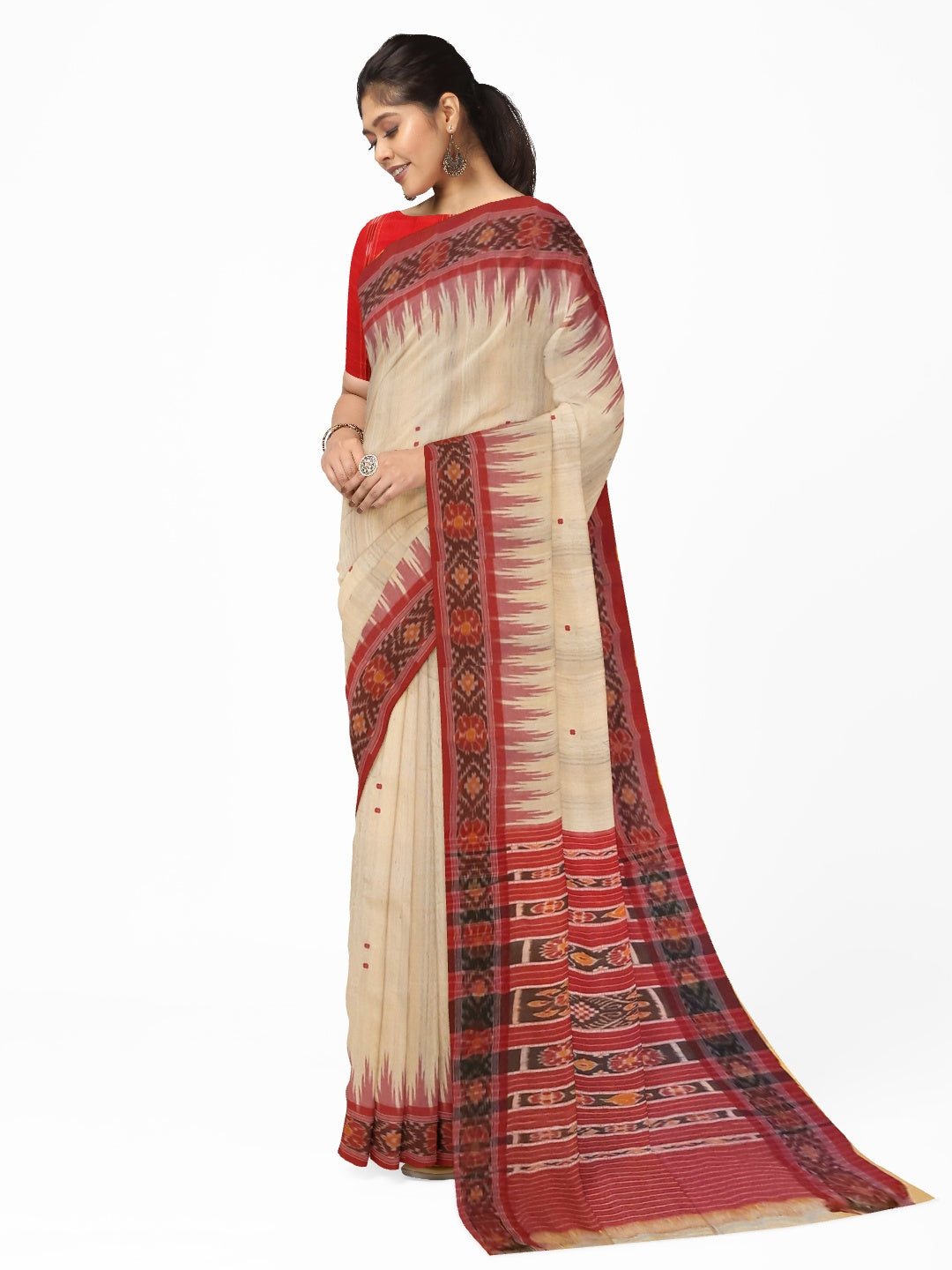 Beige with Maroon Tussar Silk Odisha Ikat Saree with cotton ikat blouse piece