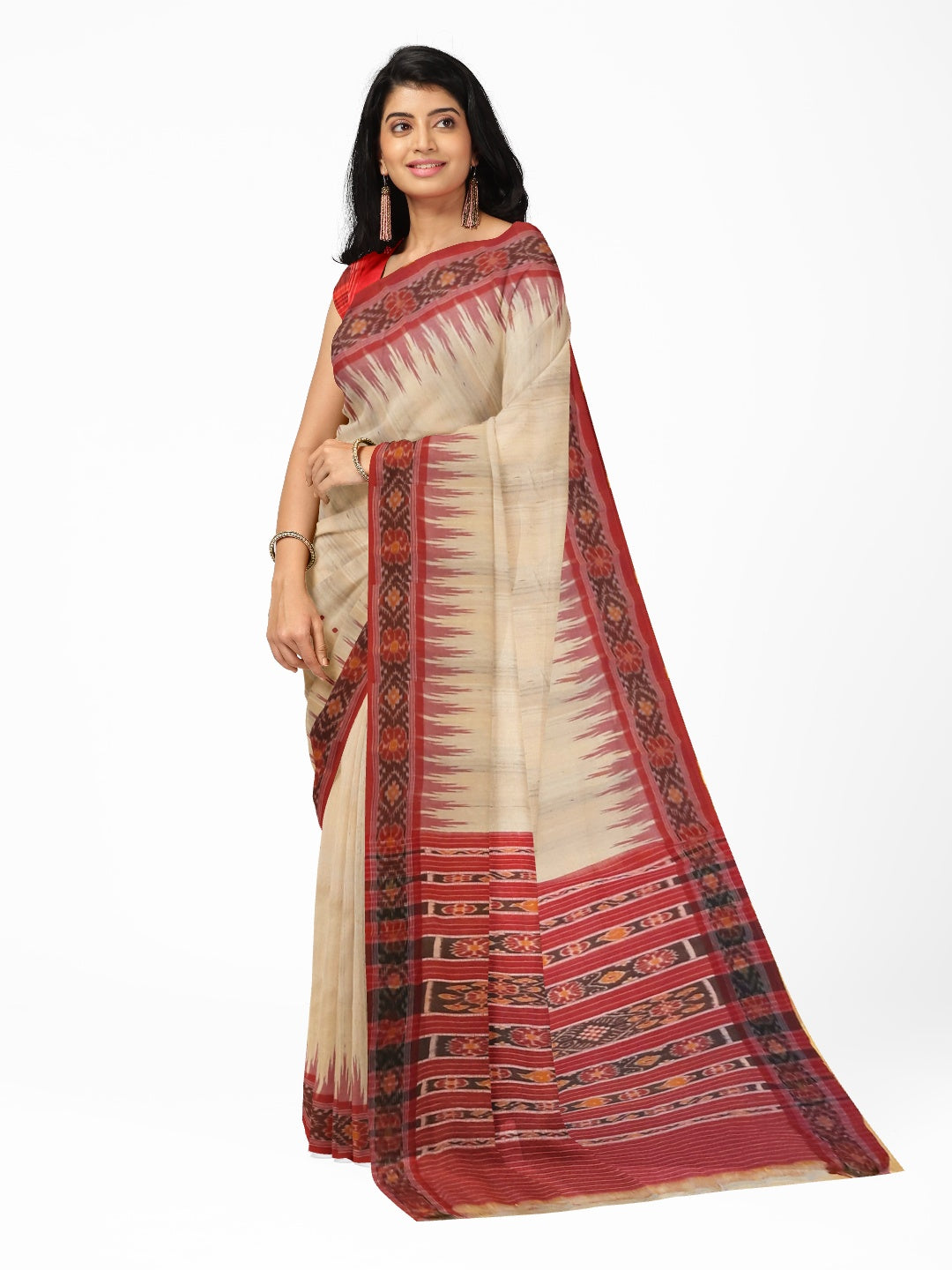 Beige with Maroon Tussar Silk Odisha Ikat Saree with cotton ikat blouse piece