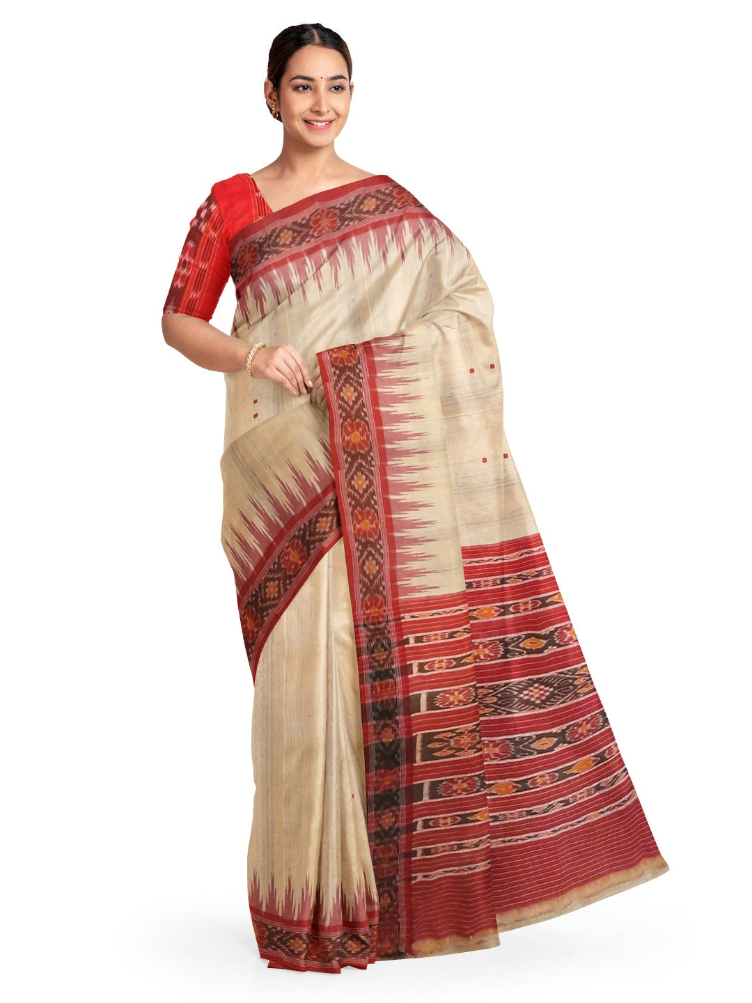 Beige with Maroon Tussar Silk Odisha Ikat Saree with cotton ikat blouse piece
