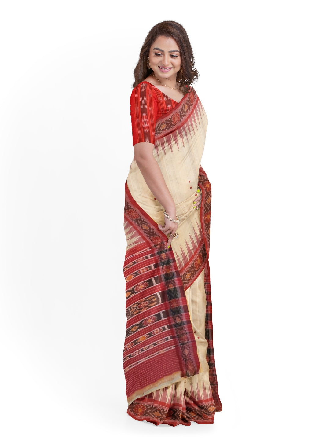 Beige with Maroon Tussar Silk Odisha Ikat Saree with cotton ikat blouse piece