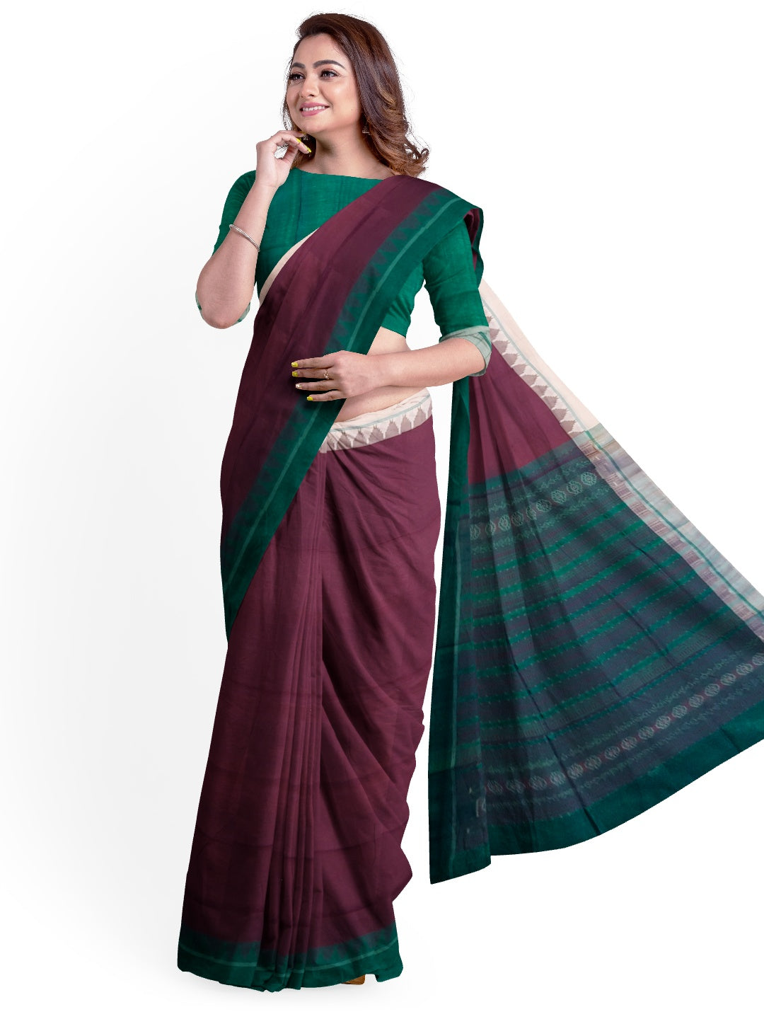 Chocolate brown Phodo Kumbha Gangajamuna Border Tussar Silk Saree with running blouse piece