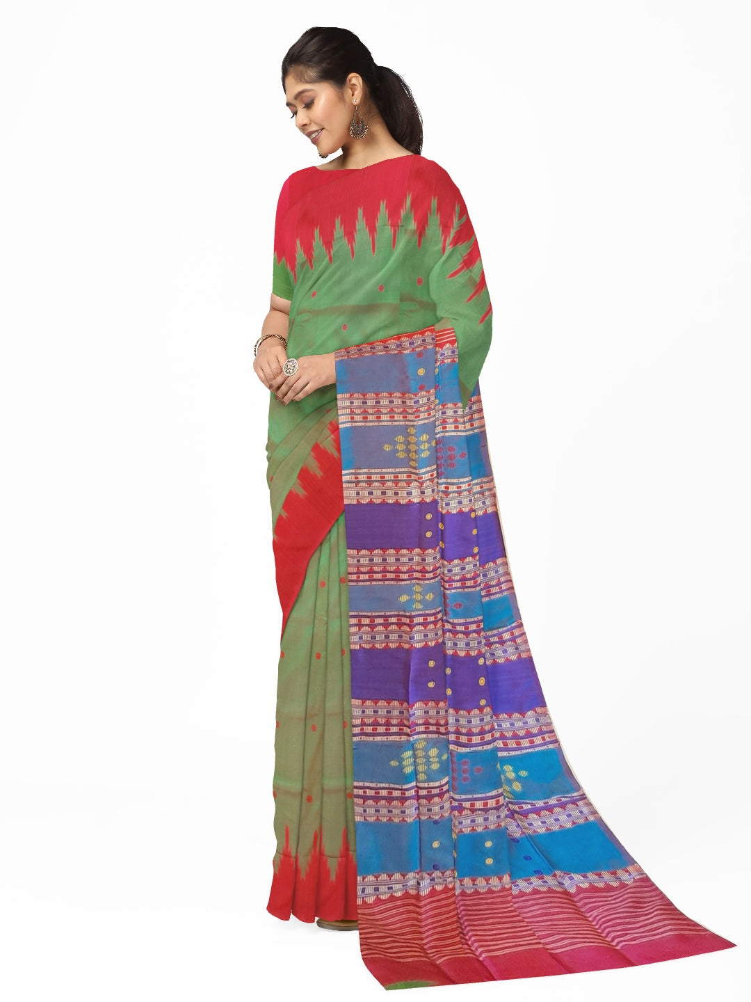 Green Pink Phoda Kumbha Berhampuri Patta Silk Saree with running blouse piece