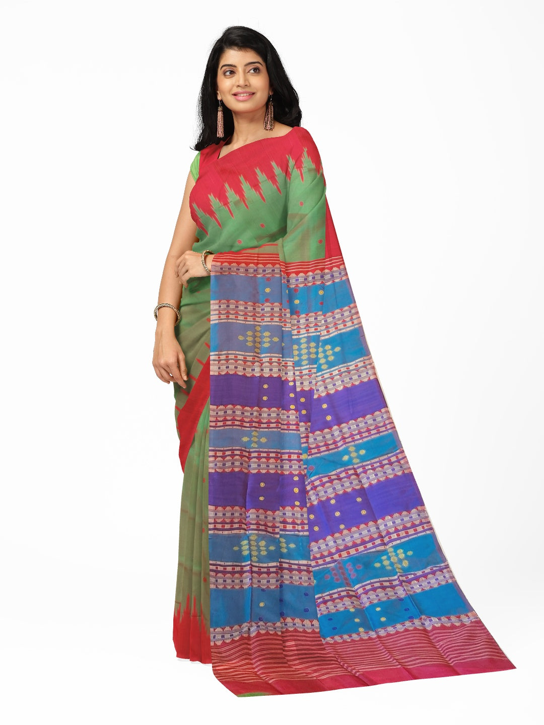 Green Pink Phoda Kumbha Berhampuri Patta Silk Saree with running blouse piece