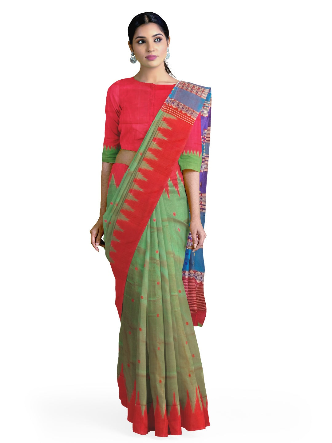 Green Pink Phoda Kumbha Berhampuri Patta Silk Saree with running blouse piece
